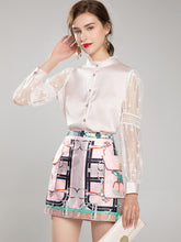 Load image into Gallery viewer, Julia Splicing lantern Sleeve Pink Shirt and Print Skirts 2 Pieces Set