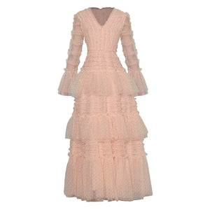 Ava Long Dress Women V-Neck Flare Sleeve Cascading Ruffle Dot Elegant Party Maxi Dress