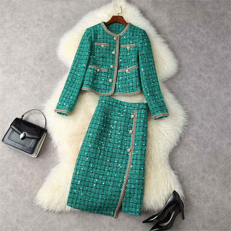 Claudia Sequins Woolen Jacket Coat with Skirt 2 Piece Set