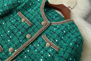 Claudia Sequins Woolen Jacket Coat with Skirt 2 Piece Set