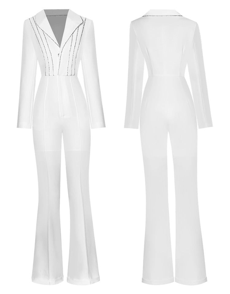 Marie-Lou Turn-down Collar Long Sleeve Beading Casual White Flare Pants Rompers