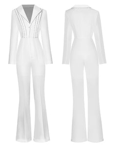 Marie-Lou Turn-down Collar Long Sleeve Beading Casual White Flare Pants Rompers