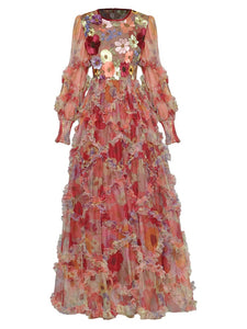 Candela Lantern Sleeve Ruffle Flower Embroidery Maxi  Dress
