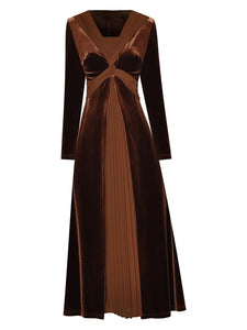 Renata Velvet Midi Dress Women's Square Collar Long Sleeve Patchwork Pleated Party Dress