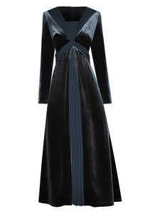 Renata Velvet Midi Dress Women's Square Collar Long Sleeve Patchwork Pleated Party Dress