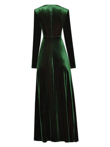 Alma Velvet Party Dress Women's V-Neck Long Sleeve Folds High Street Lady Elegant Long Dress