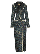 Load image into Gallery viewer, Amali Winter Tweed Suit -Stand Collar Bow Beading Coat and Split Skirt Two Pieces Set