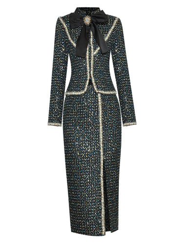 Amali Winter Tweed Suit -Stand Collar Bow Beading Coat and Split Skirt Two Pieces Set