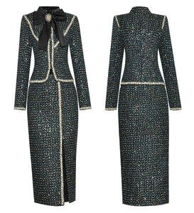 Amali Winter Tweed Suit -Stand Collar Bow Beading Coat and Split Skirt Two Pieces Set