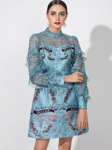 Blue Flower Print Ruffle Lace Dress