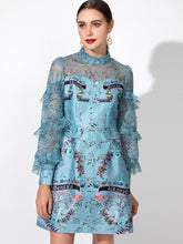 Load image into Gallery viewer, Blue Flower Print Ruffle Lace Dress