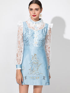 Embroidery Turn-down Collar Long sleeve Beading Printed Dress