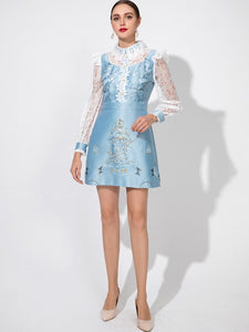 Embroidery Turn-down Collar Long sleeve Beading Printed Dress