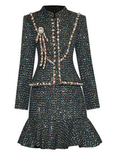 Load image into Gallery viewer, Tweed Skirt Suit Women Stand Collar Long Sleeve Beading Jacket＋Mermaid Skirt 2 Pieces Set