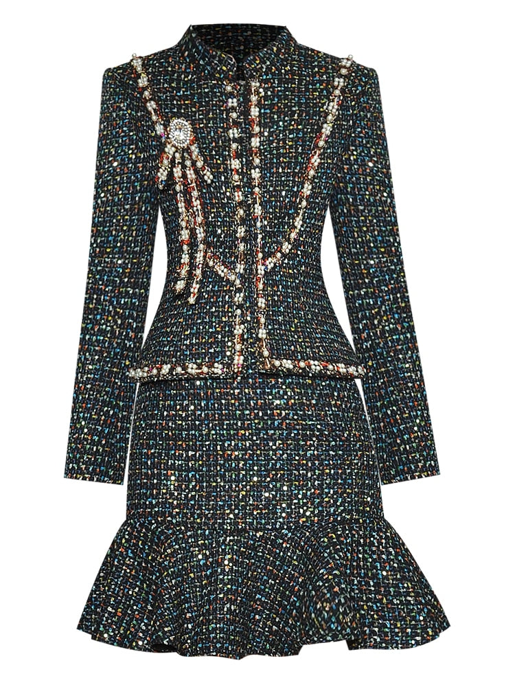 Tweed Skirt Suit Women Stand Collar Long Sleeve Beading Jacket＋Mermaid Skirt 2 Pieces Set