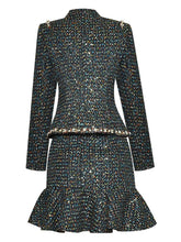 Load image into Gallery viewer, Tweed Skirt Suit Women Stand Collar Long Sleeve Beading Jacket＋Mermaid Skirt 2 Pieces Set