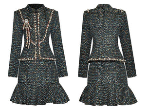 Tweed Skirt Suit Women Stand Collar Long Sleeve Beading Jacket＋Mermaid Skirt 2 Pieces Set