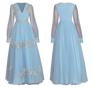 Felicity Long sleeves Sequins Embroidery Mesh Elegant Blue Party Dress
