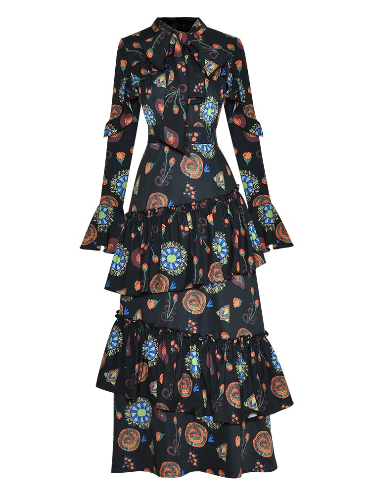 Aura  Bow Collar Flare Sleeve Cascading Ruffle Floral Print Vintage Party Dress
