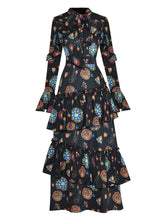 Load image into Gallery viewer, Aura  Bow Collar Flare Sleeve Cascading Ruffle Floral Print Vintage Party Dress