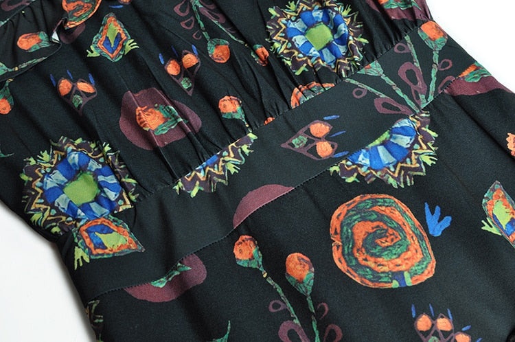 Aura Vintage Partykleid mit Schleifenkragen, ausgestellten Ärmeln, kaskadierenden Rüschen und Blumendruck