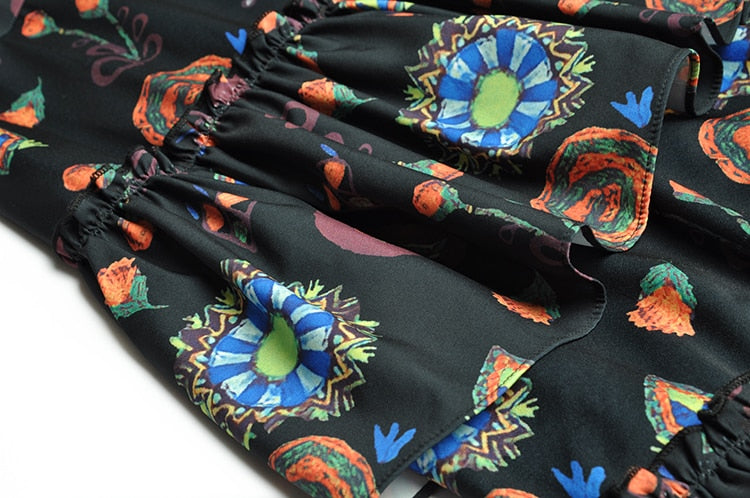 Aura Vintage Partykleid mit Schleifenkragen, ausgestellten Ärmeln, kaskadierenden Rüschen und Blumendruck