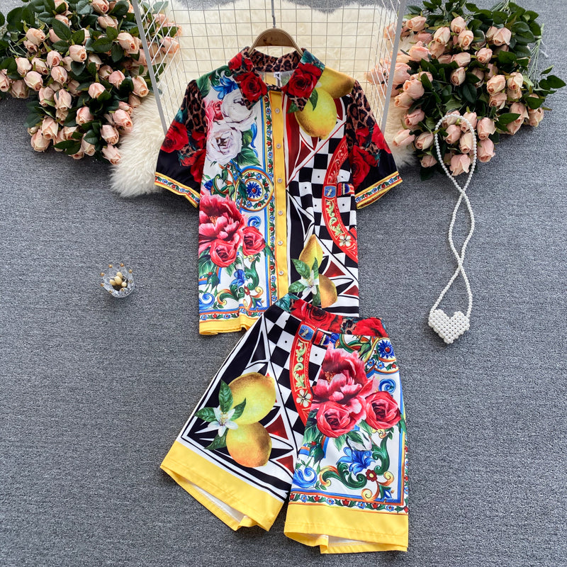 Two Piece Shorts Set Women's Short Sleeve Color Matching Flower Print Shirts＋Shorts Suits
