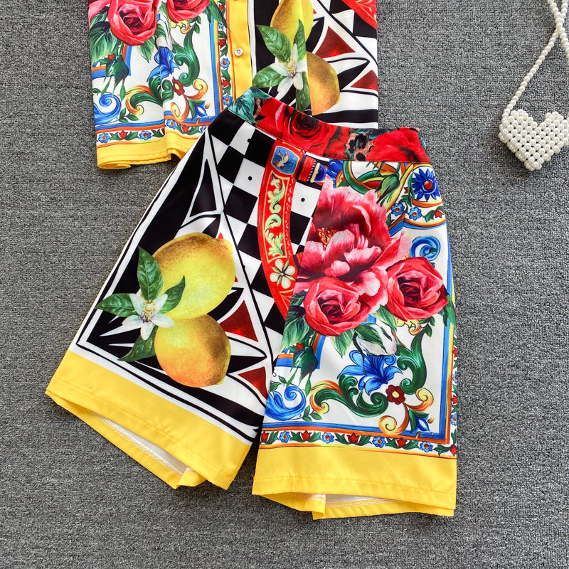 طقم شورت نسائي مكون من قطعتين بأكمام قصيرة وألوان متطابقة وقمصان مطبوعة بالزهور + بدلات قصيرة