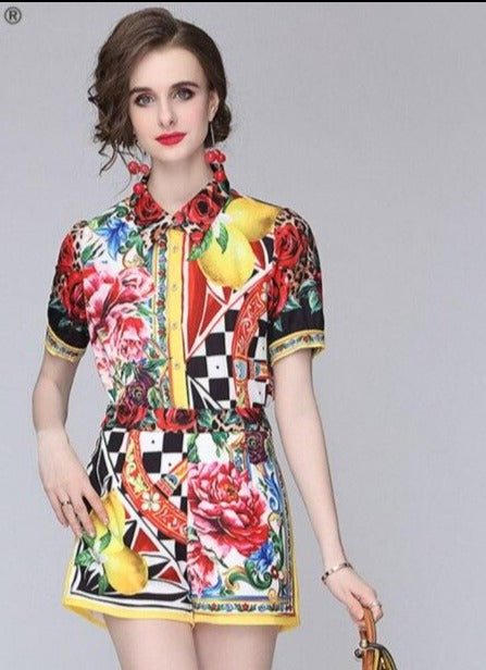 Two Piece Shorts Set Women's Short Sleeve Color Matching Flower Print Shirts＋Shorts Suits
