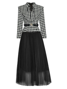 Houndstooth Top and Black Mesh Skirts 2 Pieces Set
