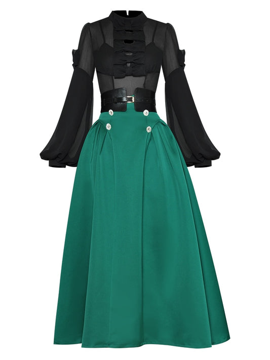 Adrine – Zweiteiliges Set aus schwarzem Top mit Laternenärmeln und grünen Röcken mit hoher Taille