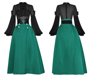 Adrine Black Lantern Sleeve Top and green High waist Skirts Two Pieces Set