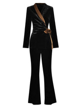 Load image into Gallery viewer, Abby Black Velvet suit Women Beading Long sleeve Bow Belt Top and Flare Pants Two Pieces Set