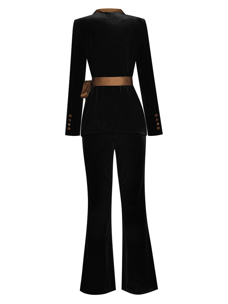 Abby Black Velvet suit Women Beading Long sleeve Bow Belt Top and Flare Pants Two Pieces Set