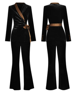 Abby Black Velvet suit Women Beading Long sleeve Bow Belt Top and Flare Pants Two Pieces Set