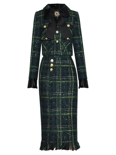 Angeline Winter Plaid Tweed Skirts Suit Women's Bow Beading Long Sleeve Jacket + Tassel Skirt 2 Pieces Set
