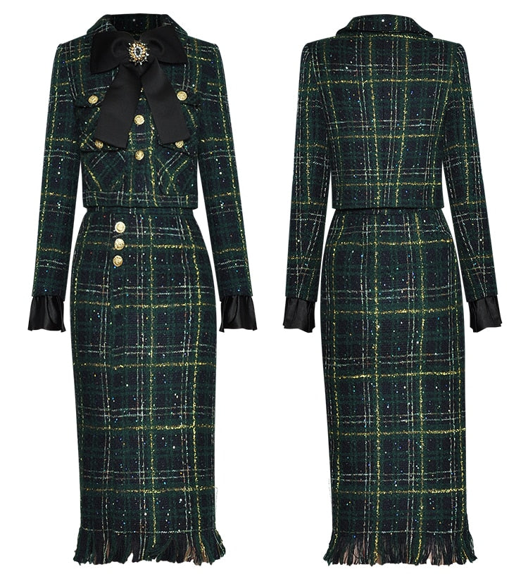 Angeline Winter Plaid Tweed Skirts Suit Women's Bow Beading Long Sleeve Jacket + Tassel Skirt 2 Pieces Set
