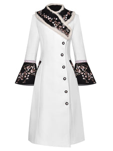 Rabbit fur collar Long sleeve Embroidery Elegant overcoat