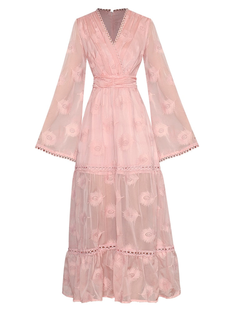 Monique V-neck Flared sleeves High waist Embroidery Long Pink Party Dress