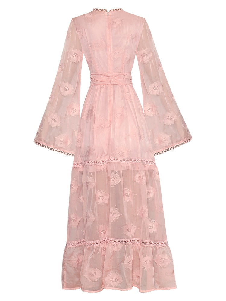 Monique V-neck Flared sleeves High waist Embroidery Long Pink Party Dress