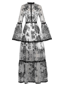Lea O-Neck Flare Sleeve polka dot Flowers Embroidery Vintage Party Dress