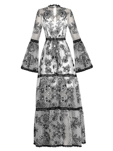 Lea O-Neck Flare Sleeve polka dot Flowers Embroidery Vintage Party Dress