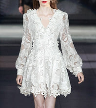 Load image into Gallery viewer, Denise  Dress V-Neck Lantern sleeve Hollow out Applique Elegant White Short Dress Vestidos