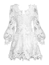 Load image into Gallery viewer, Denise  Dress V-Neck Lantern sleeve Hollow out Applique Elegant White Short Dress Vestidos