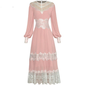 Violette Lantern Sleeve Lace Splicing Pleated Elegant Pink Party Dress Vestidos