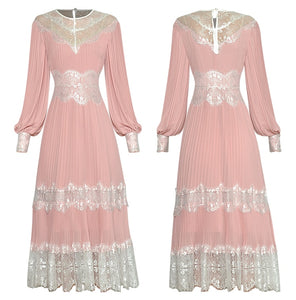 Violette Lantern Sleeve Lace Splicing Pleated Elegant Pink Party Dress Vestidos