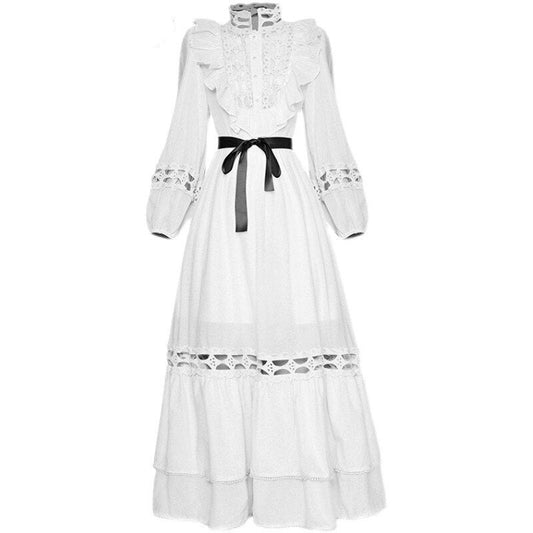 Suzette Laternenärmel Aushöhlen Hohe Taille Gürtel Elegantes weißes Kleid