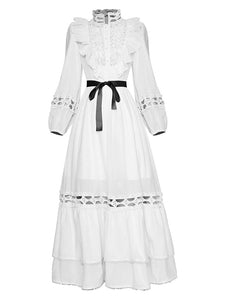 Suzette Lantern sleeve Hollow out High waist Belted Elegant White Dress