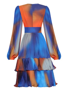 Alyssa V-neck Lantern sleeve Multicolor Pleated Elegant Party Dress