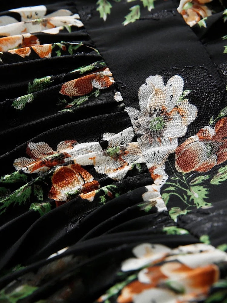 Genevieve: alf High Neck Long Sleeves Printing Folds Elegant Black Ankle-Length Dress